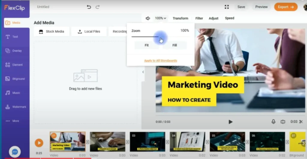 Screenshot of a video project in FlexClip, showing the editing process.